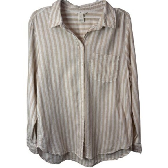 H&M beige striped linen blend long sleeve button down top size M - Picture 4 of 11